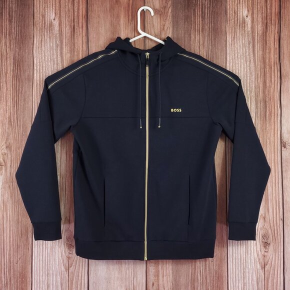 Hugo Boss Mens Size Large Saggy 1 Black Gold Full Zip Hoodie Stretch - Picture 1 of 14